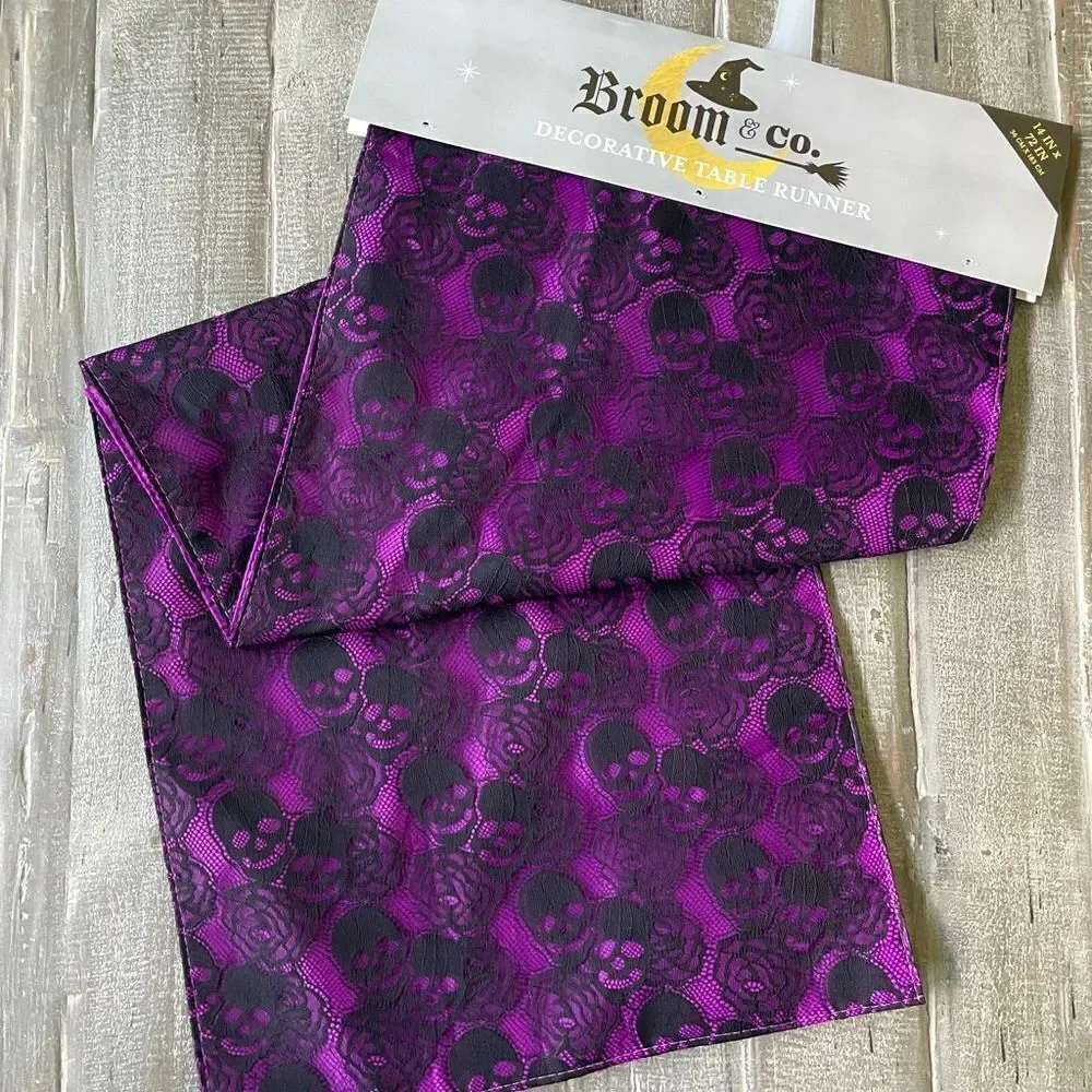Halloween Purple Black Floral Skull Lace Mesh Table Runner